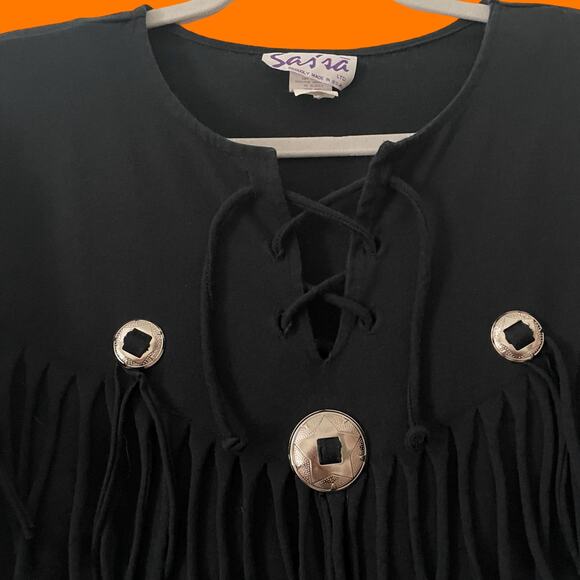 80's 90's vintage black fringe lace up southwestern tribal top blouse MEDIUM - Picture 3 of 5